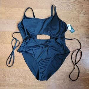 wild fable Black Ribbed Cutout One-Piece with Side Ties